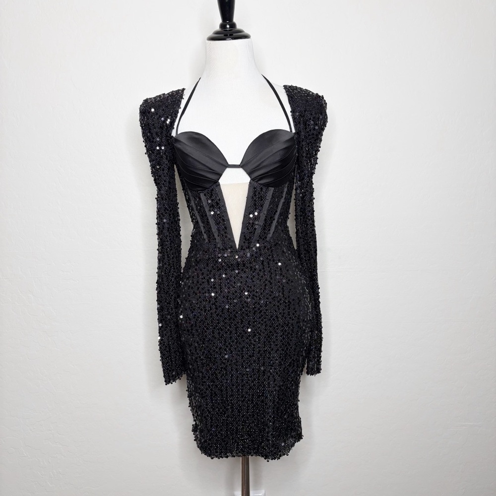 Miss Circle Melina Black Long Sleeve Sequin Dress Party Small New With Tags